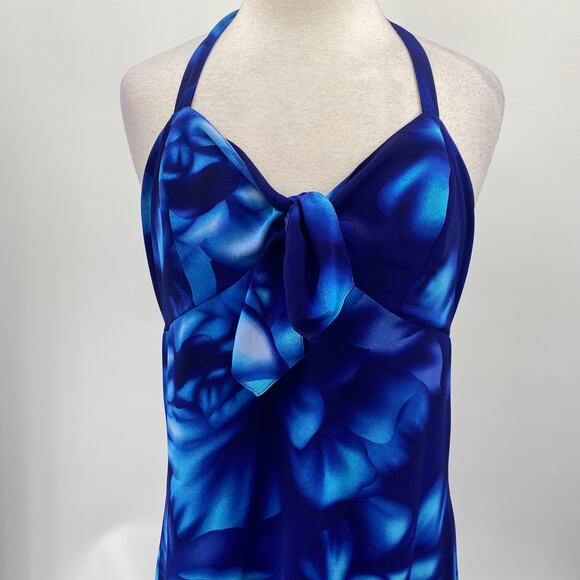 Vintage Y2k Floral Print Halter Empire Waist Midi Dress Ruffled Hem Blue 10 - Picture 3 of 9